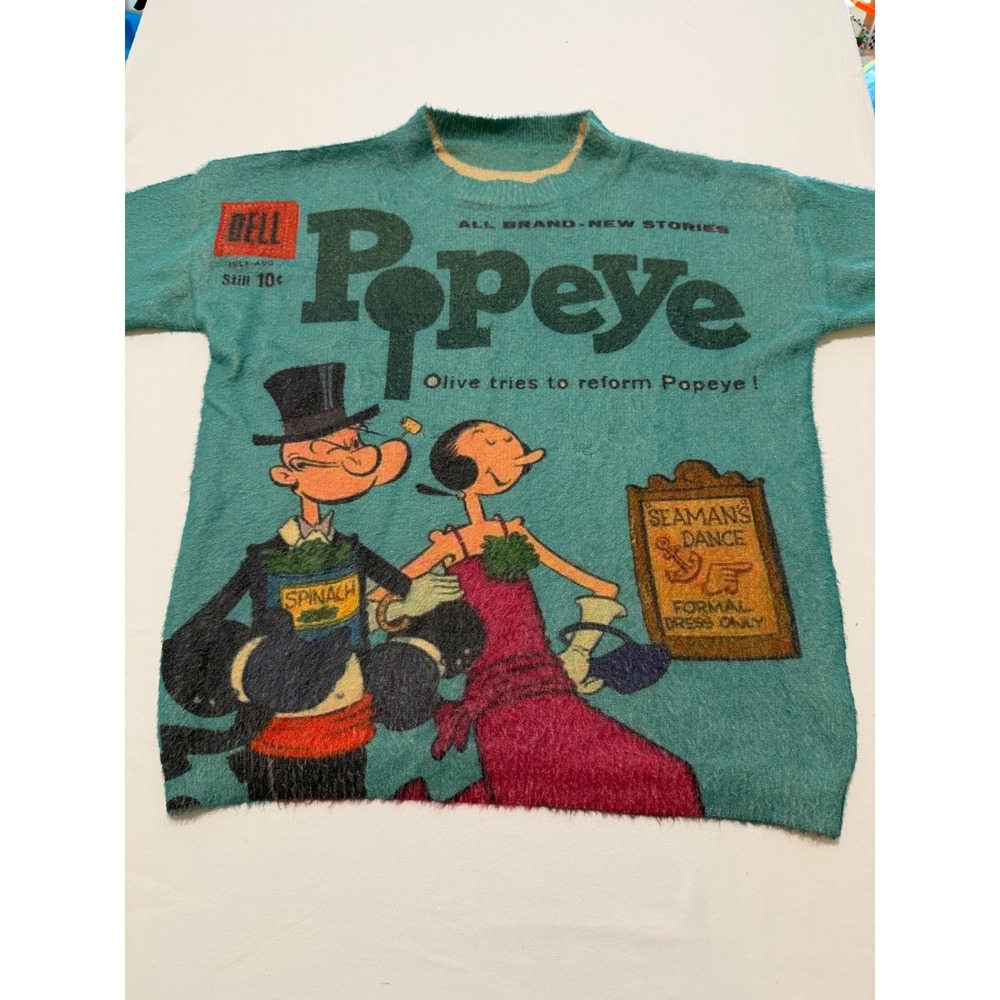 Popeye the Sailor Man Comic Graphic Fuzzy Knit Sweater Teal Small Olive Oyl